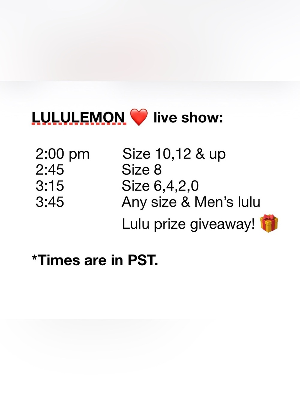 Schedule for LIVE Show! (Times are in PST)